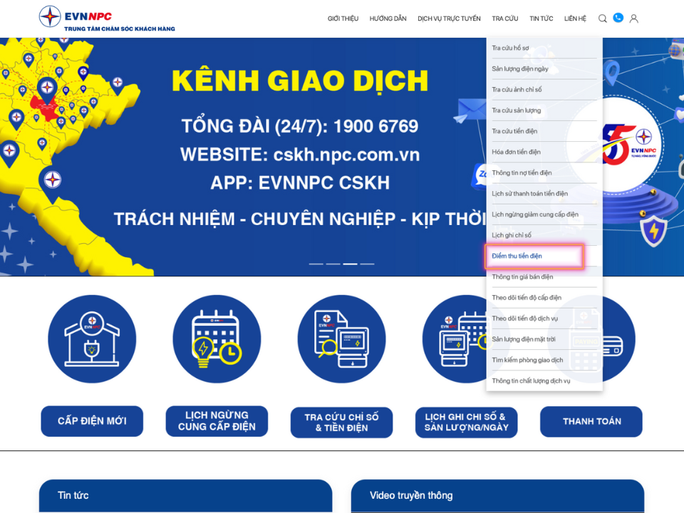   Tiện ích Tra cứu điểm thu tiền điện trên Website Chăm sóc khách hàng